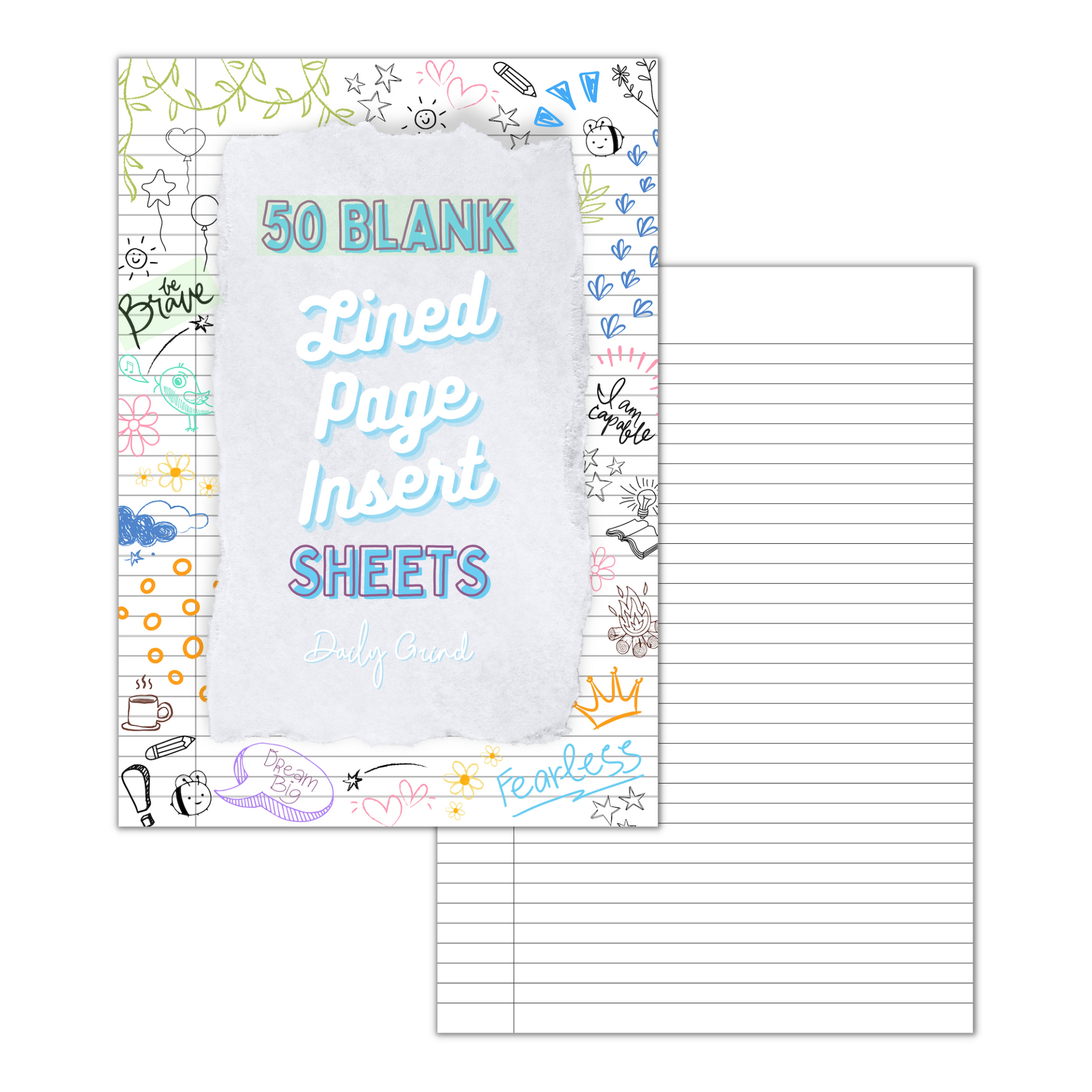 "50 Blank Lined Page Insert Sheets" cover page and blank lined sheet