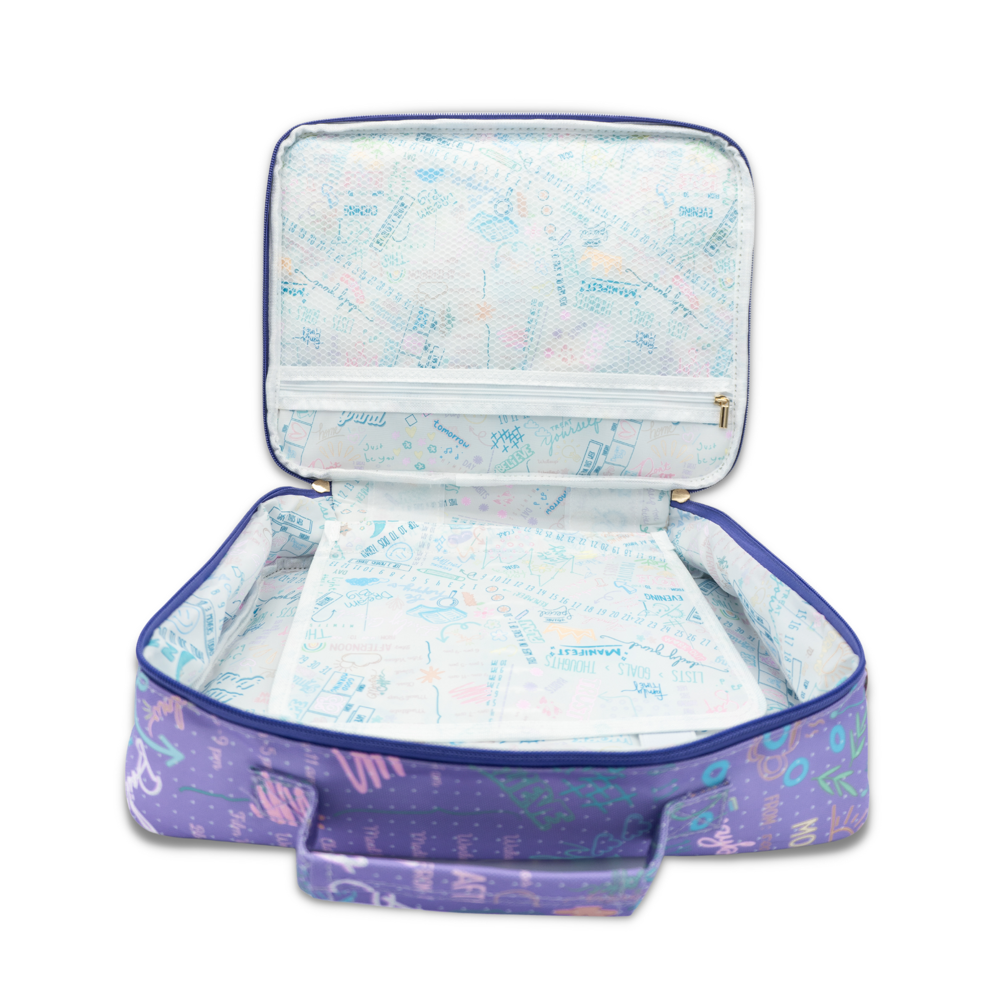 Inside view of purple travel planner case