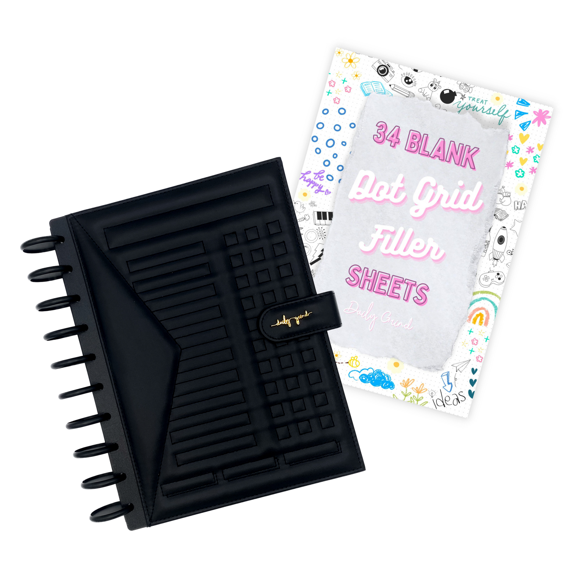 "34 Blank Dot Grid Filler Sheets" cover page and black planner
