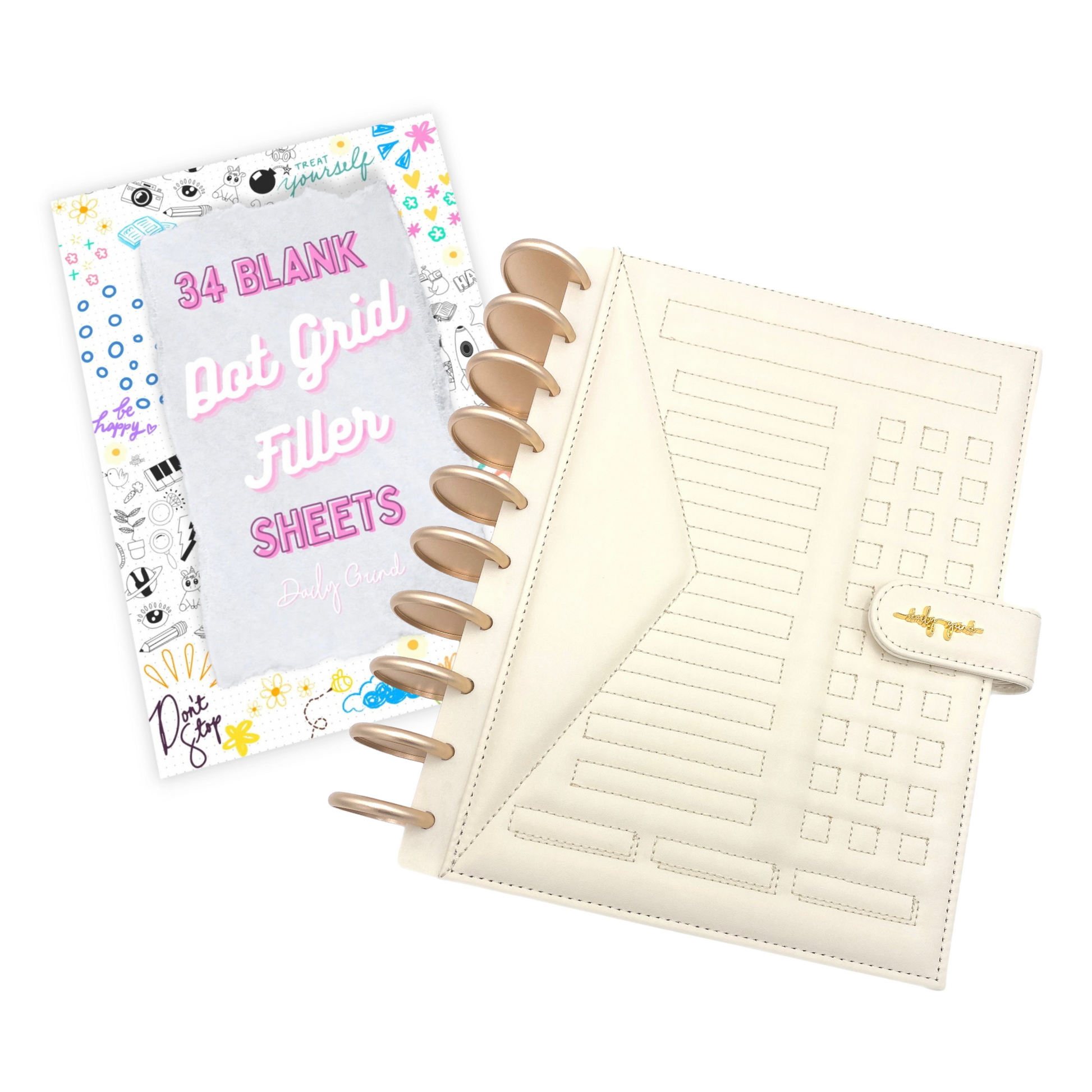 "34 Blank Dot Grid Filler Sheets" cover page and cream planner