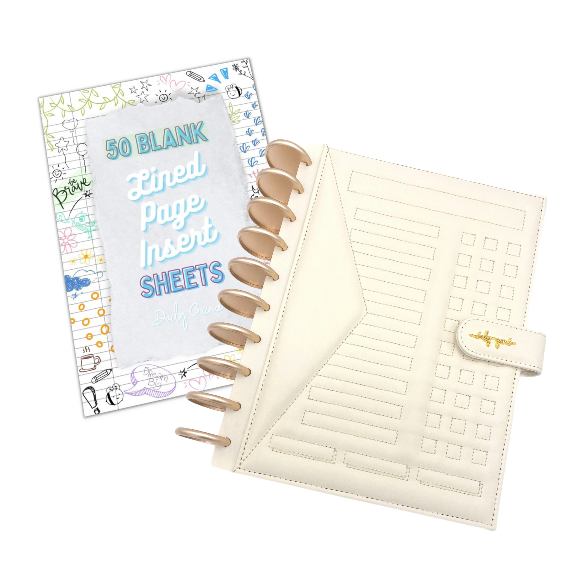 Cream planner and "50 Blank Lined Page Insert Sheets" cover page