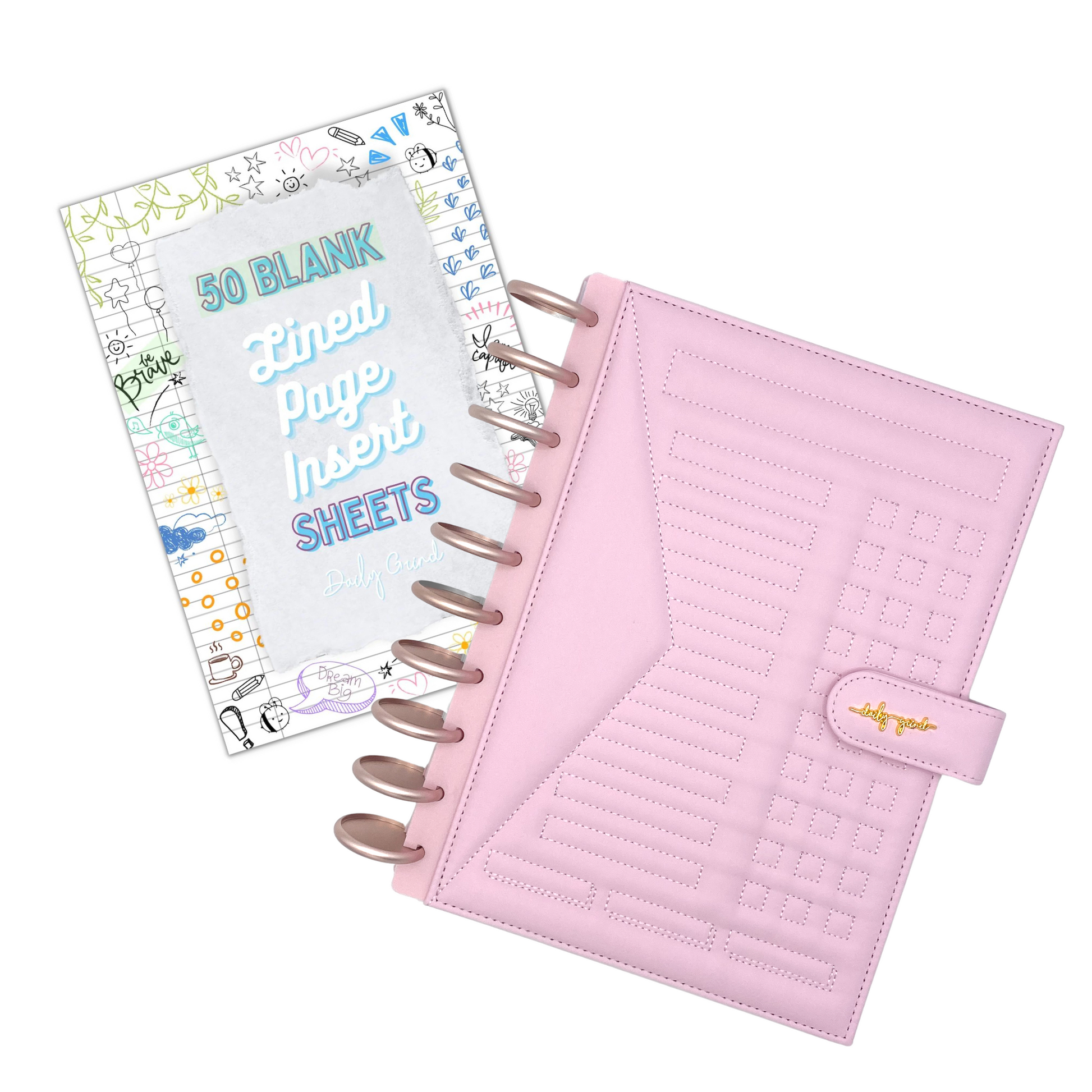 Pink planner and "50 Blank Lined Page Insert Sheets" cover page