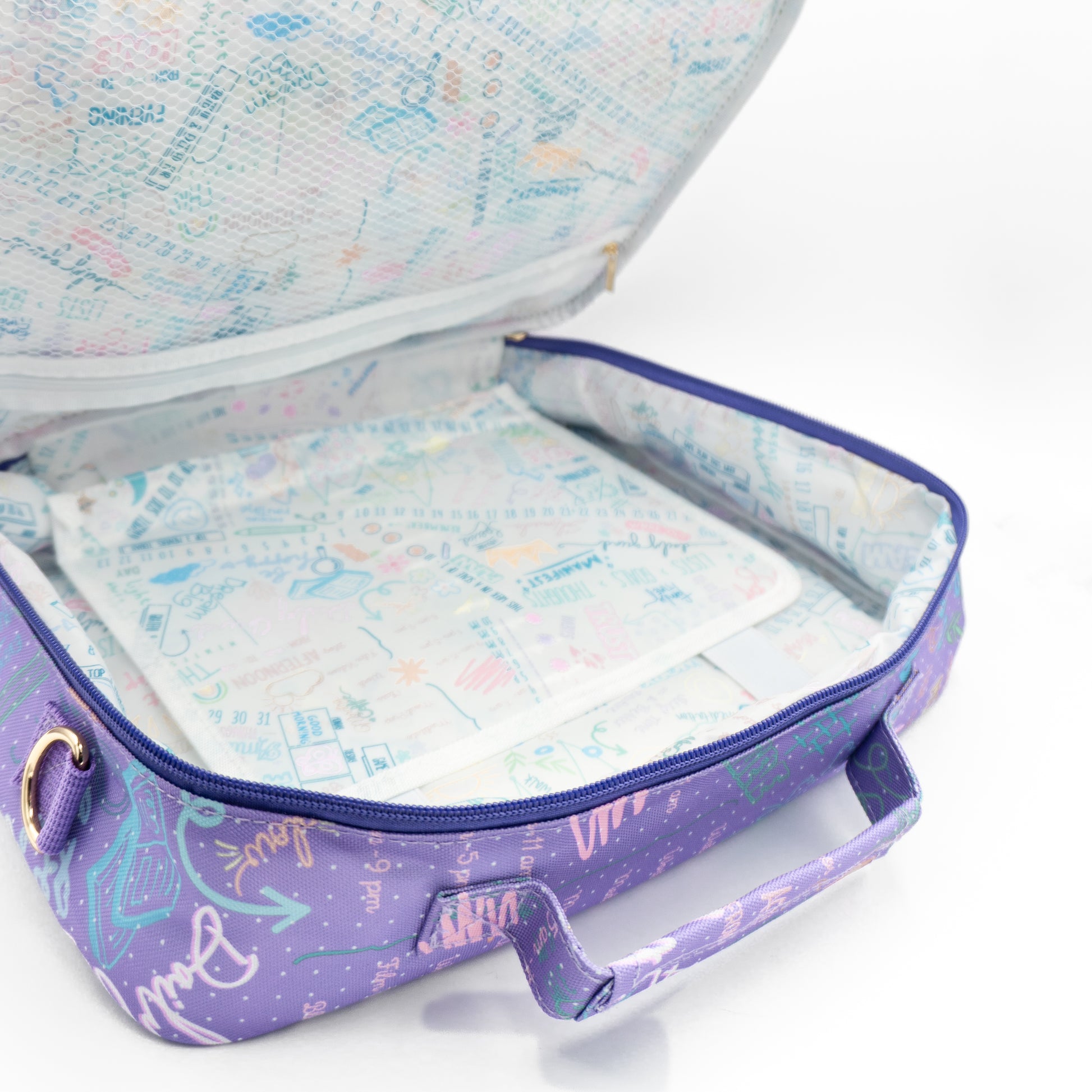 Inside view of purple travel planner case