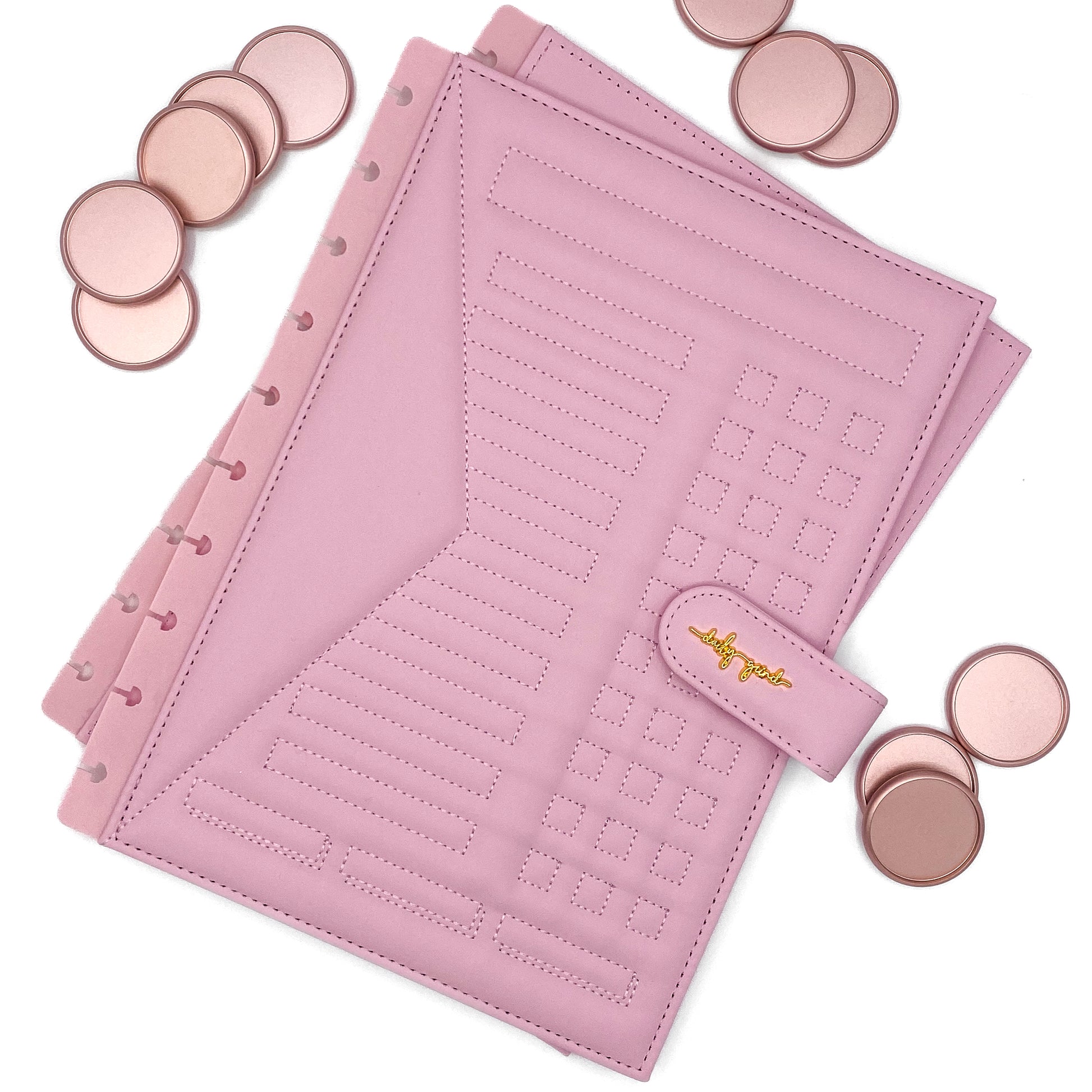 Pink faux leather planner and rose gold discs