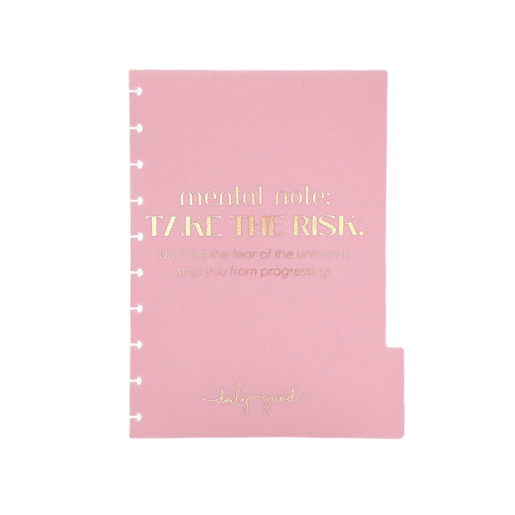 "Mental note: take the risk. Don't let the fear of the unknown stop you from progressing" pink planner divider