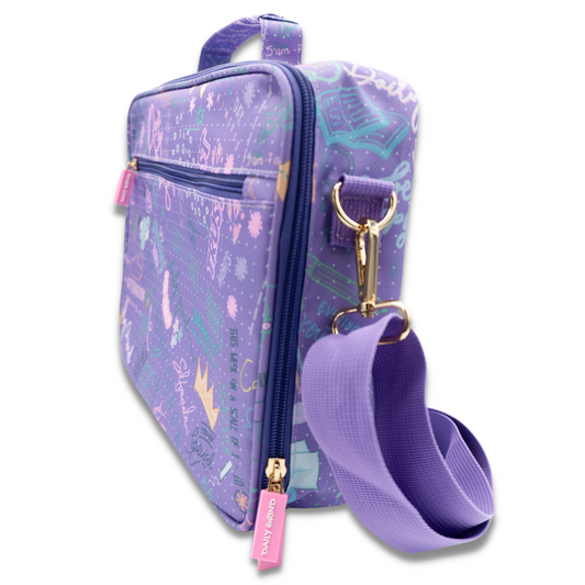 Side view of purple travel planner case with shoulder strap