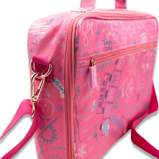 Pink travel planner case with shoulder strap