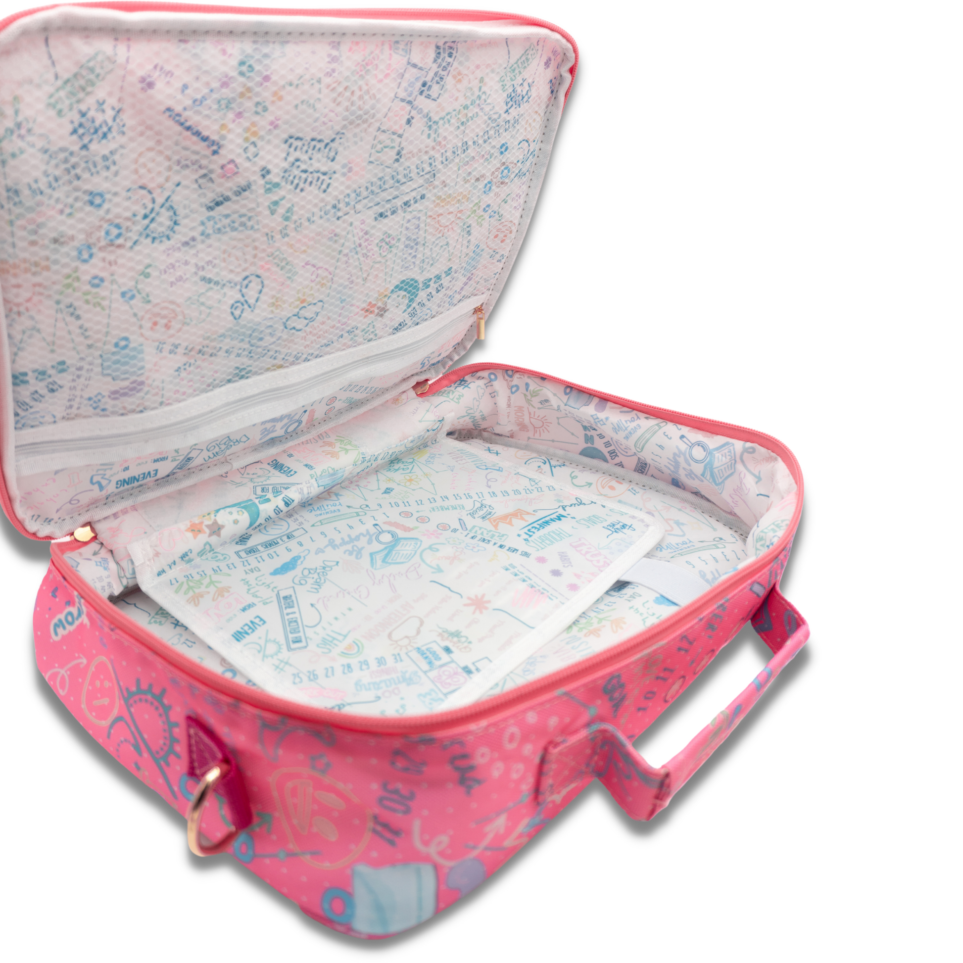 Inside view of pink planner travel case