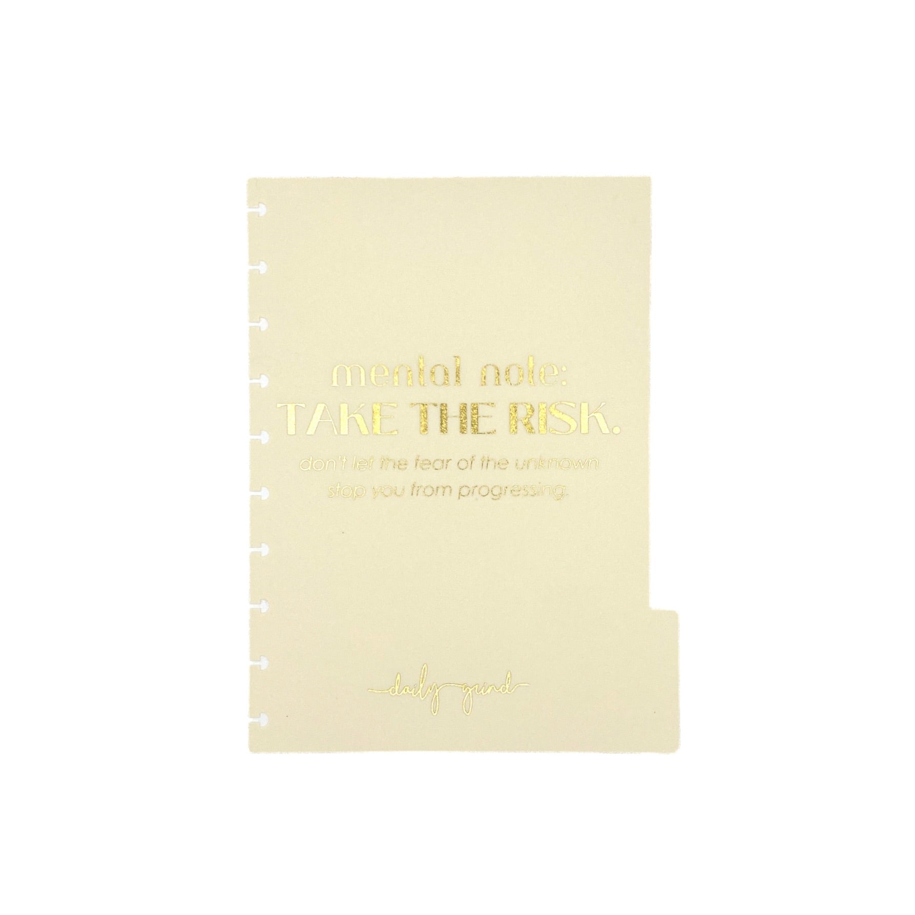"Mental note: take the risk. Don't let the fear of the unknown stop you from progressing" cream planner divider