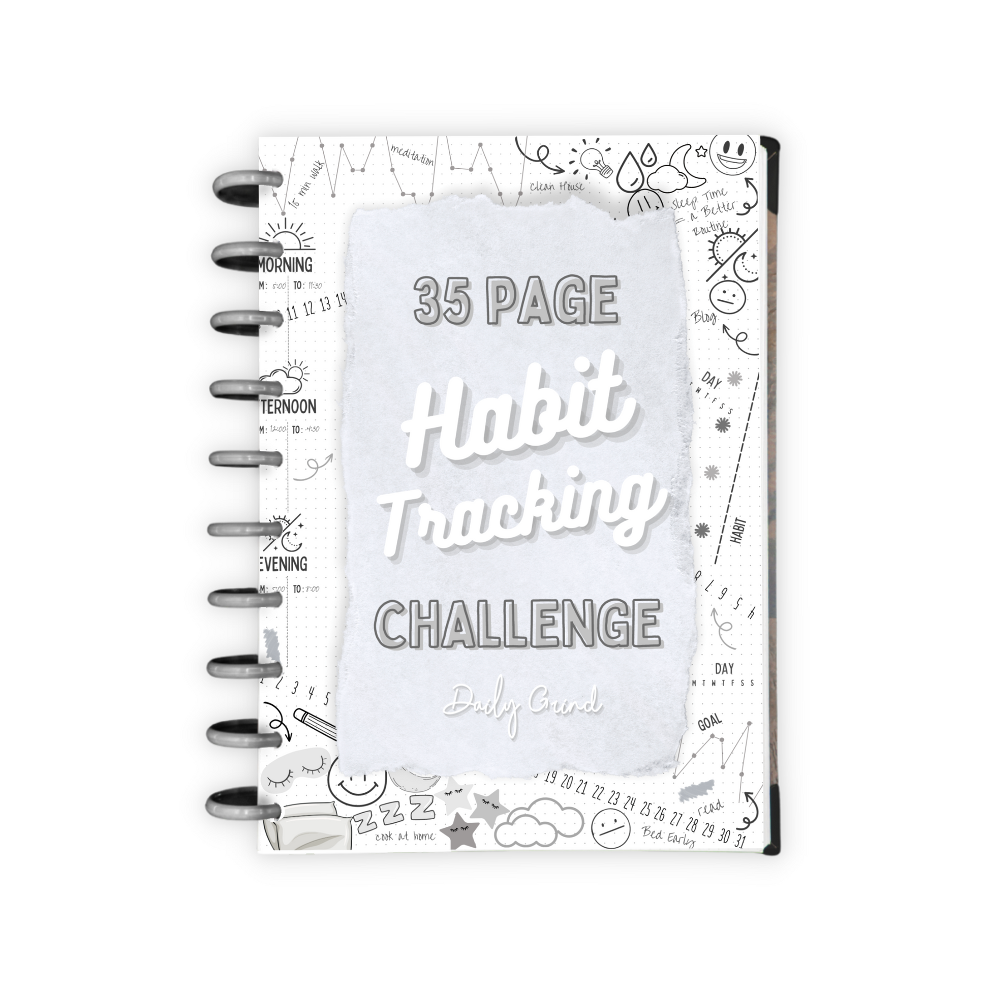 Black and white "35 Page Habit Tracking Challenge" page
