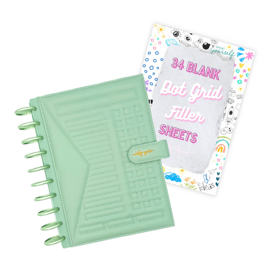 "34 Blank Dot Grid Filler Sheets" cover page and green planner