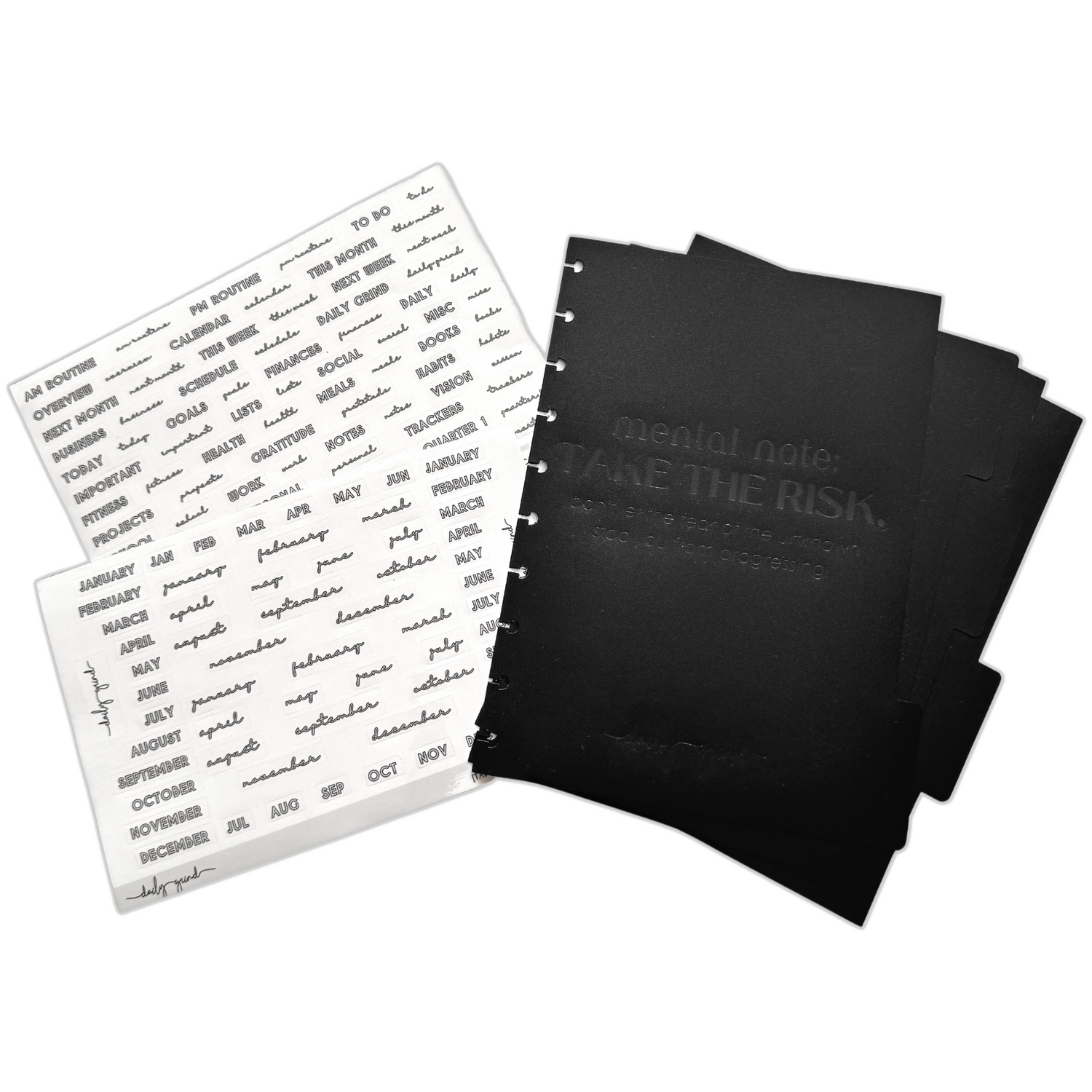 Set of four black planner dividers and stickers