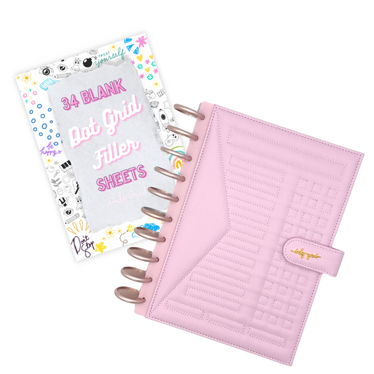 "34 Blank Dot Grid Filler Sheets" cover page and pink planner