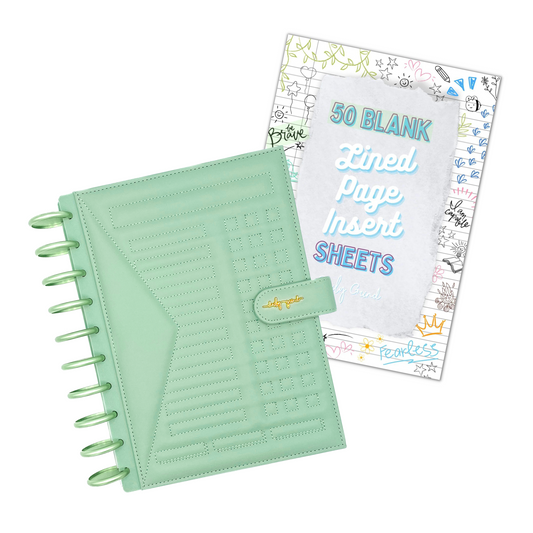 Green planner and "50 Blank Lined Page Insert Sheets" cover page