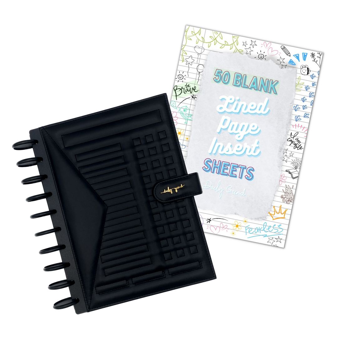 Black planner and &quot;50 Blank Lined Page Insert Sheets&quot; cover page