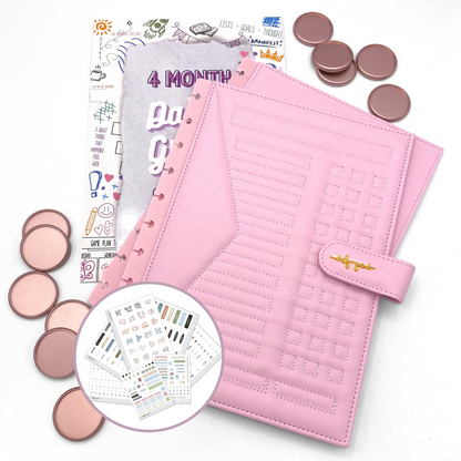 Pink planner covers, discs, stickers and &quot;4 Month Daily Grind System&quot; insert sheets