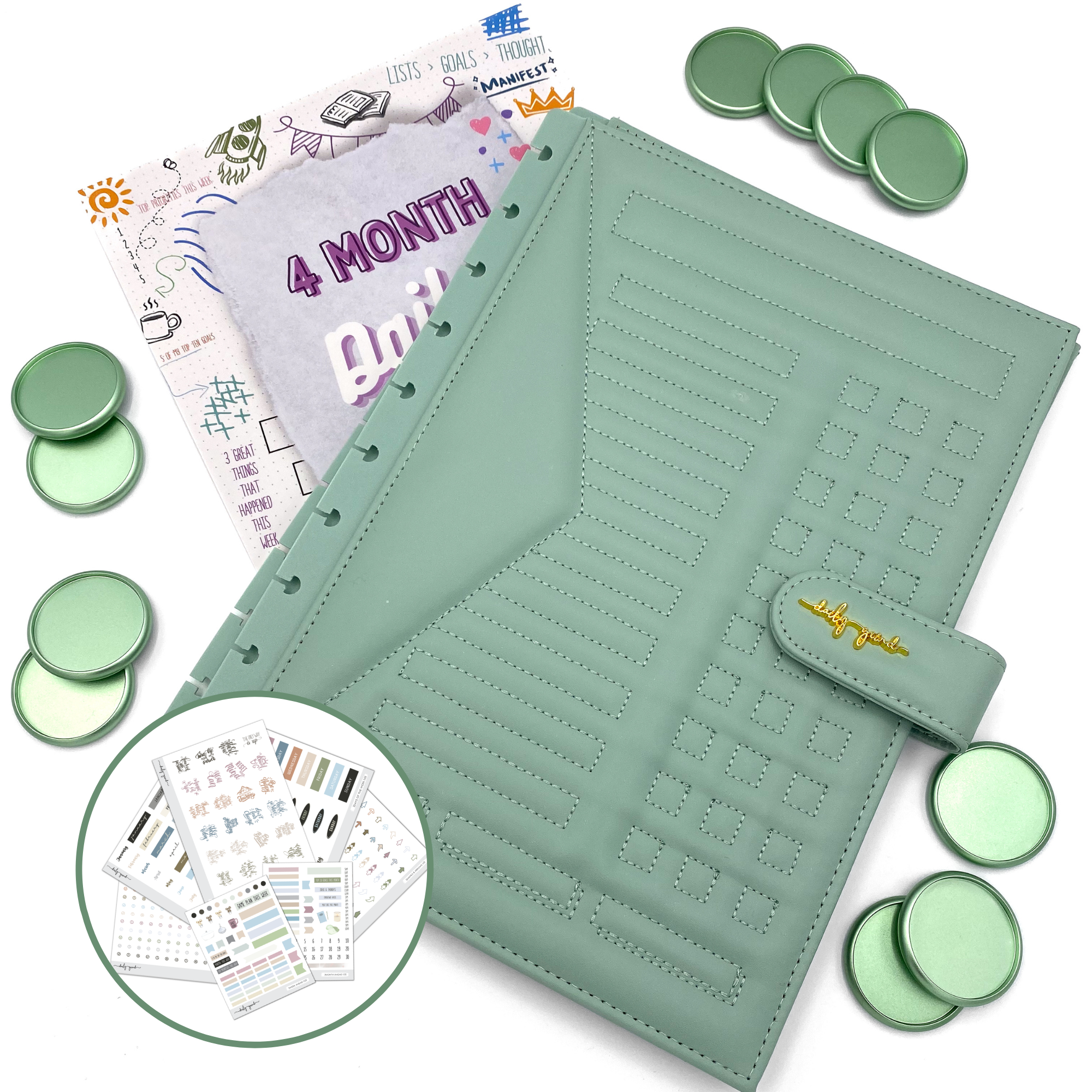 Green planner covers, discs, stickers and &quot;4 Month Daily Grind System&quot; insert sheets