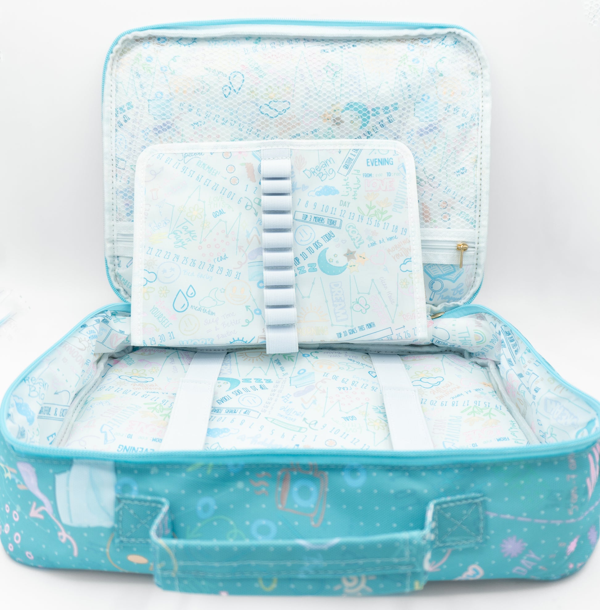 Inside view of teal travel planner case
