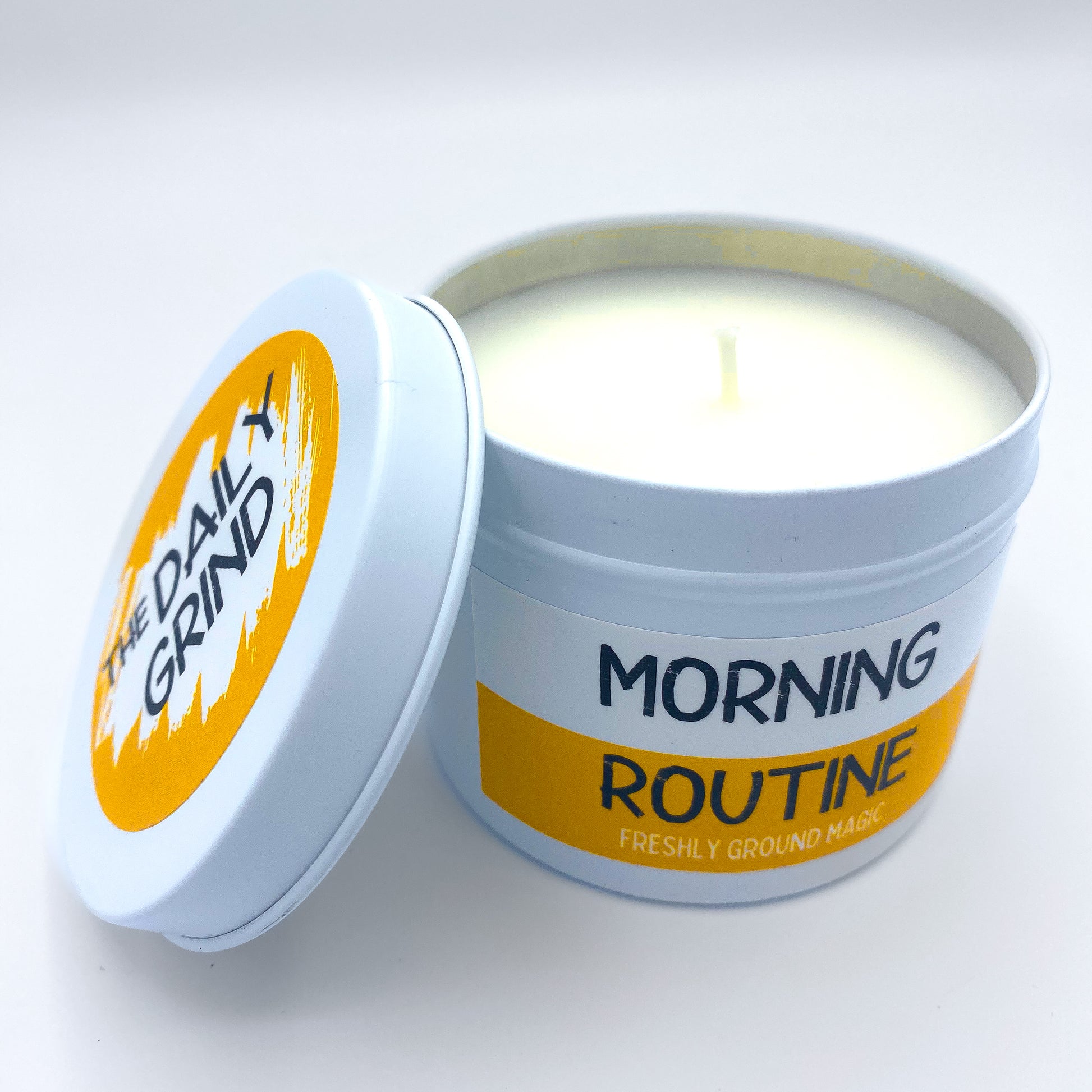 Unlit "Morning Routine" candle in white tin