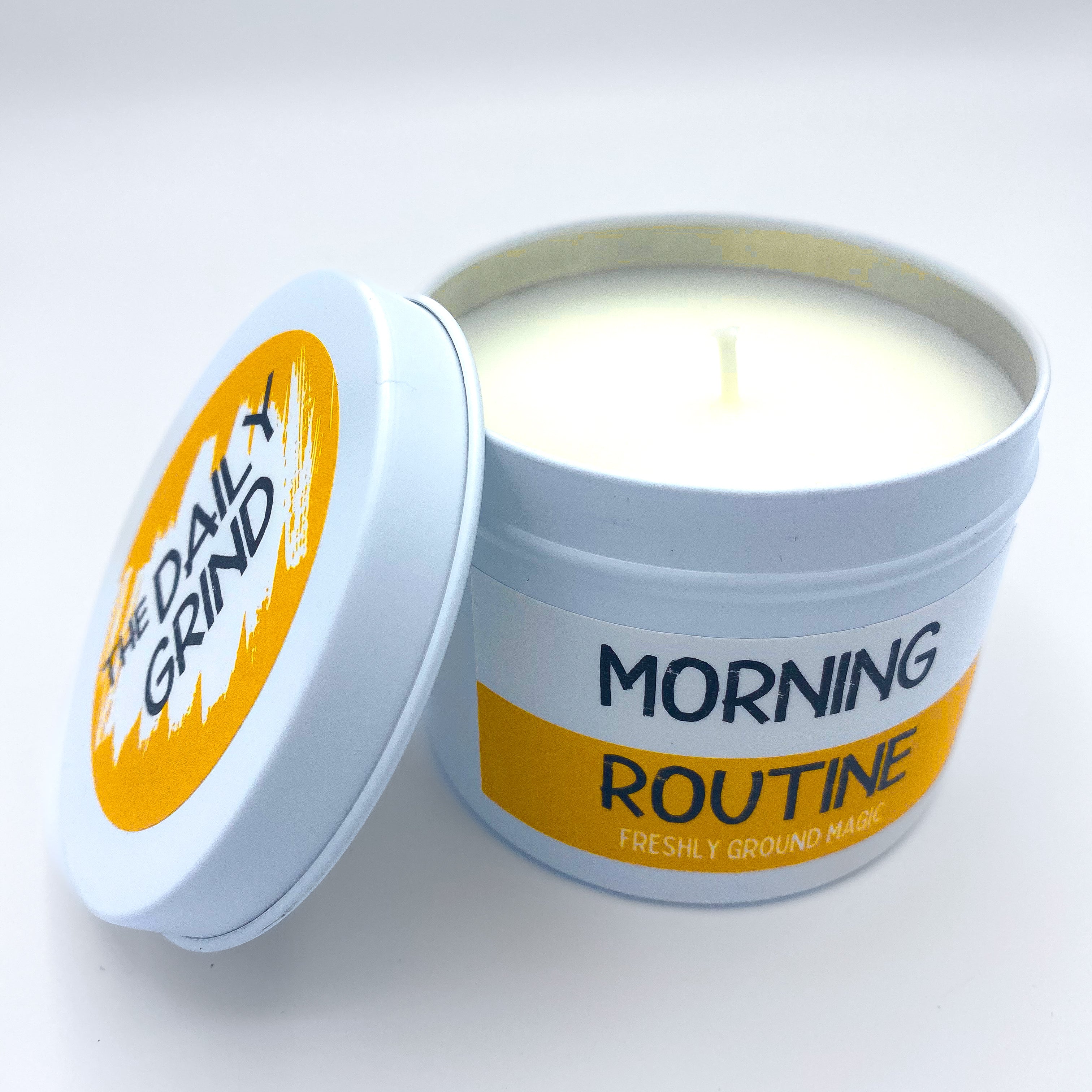 Unlit &quot;Morning Routine&quot; candle in white tin