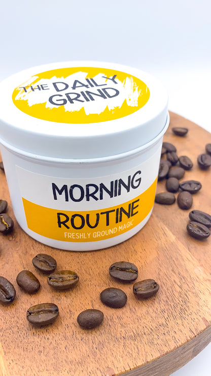 &quot;Morning Routine&quot; candle in white tin with lid