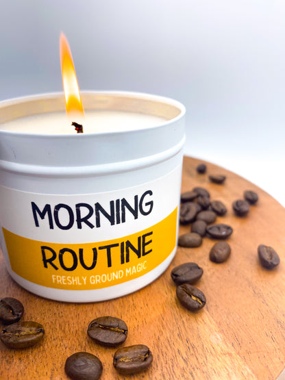 Lit &quot;Morning Routine&quot; candle in white tin
