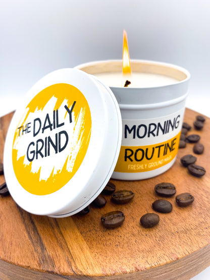 Lit &quot;Morning Routine&quot; candle in white tin