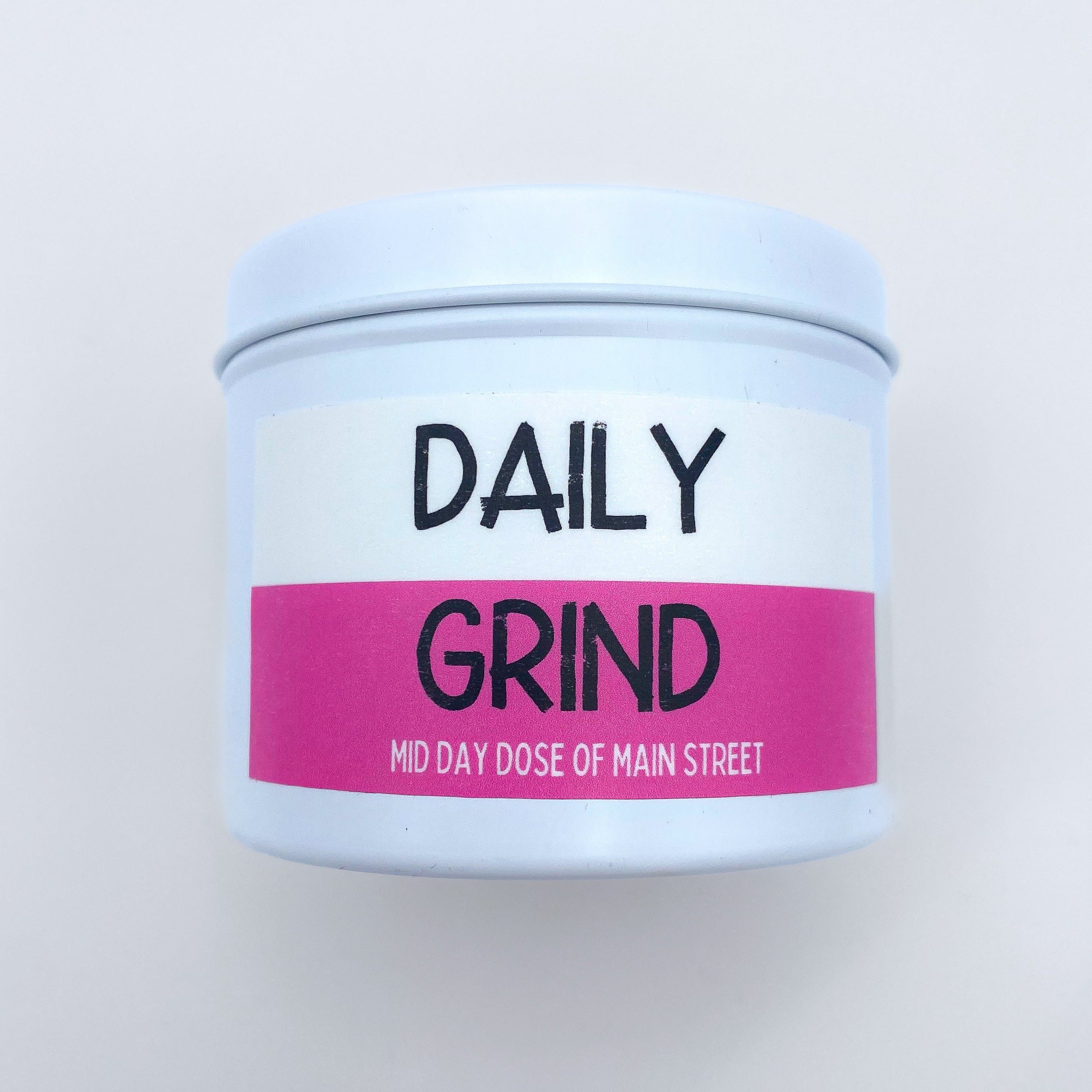 &quot;Daily Grind&quot; candle in white tin