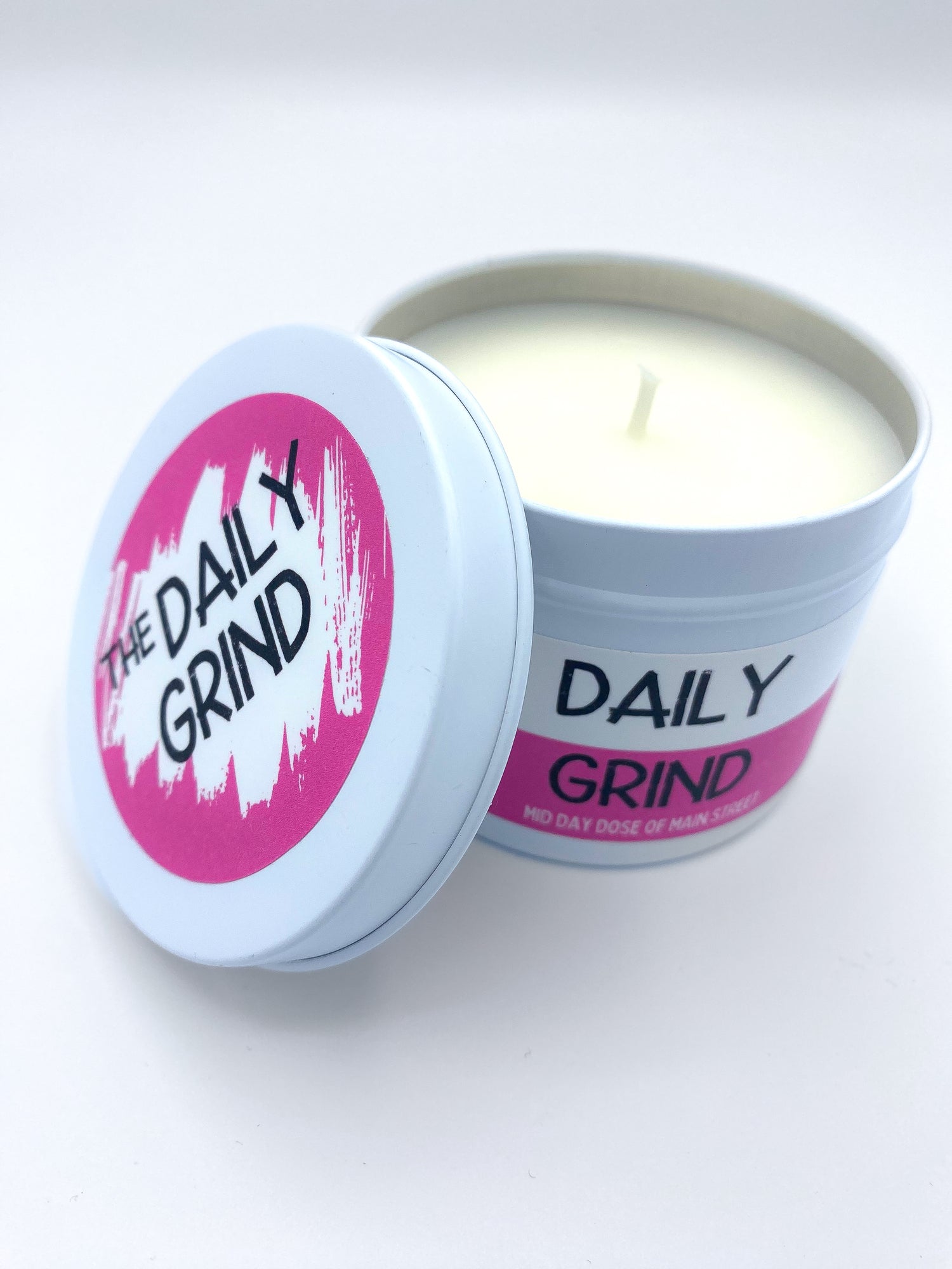 Unlit &quot;Daily Grind&quot; candle in white tin