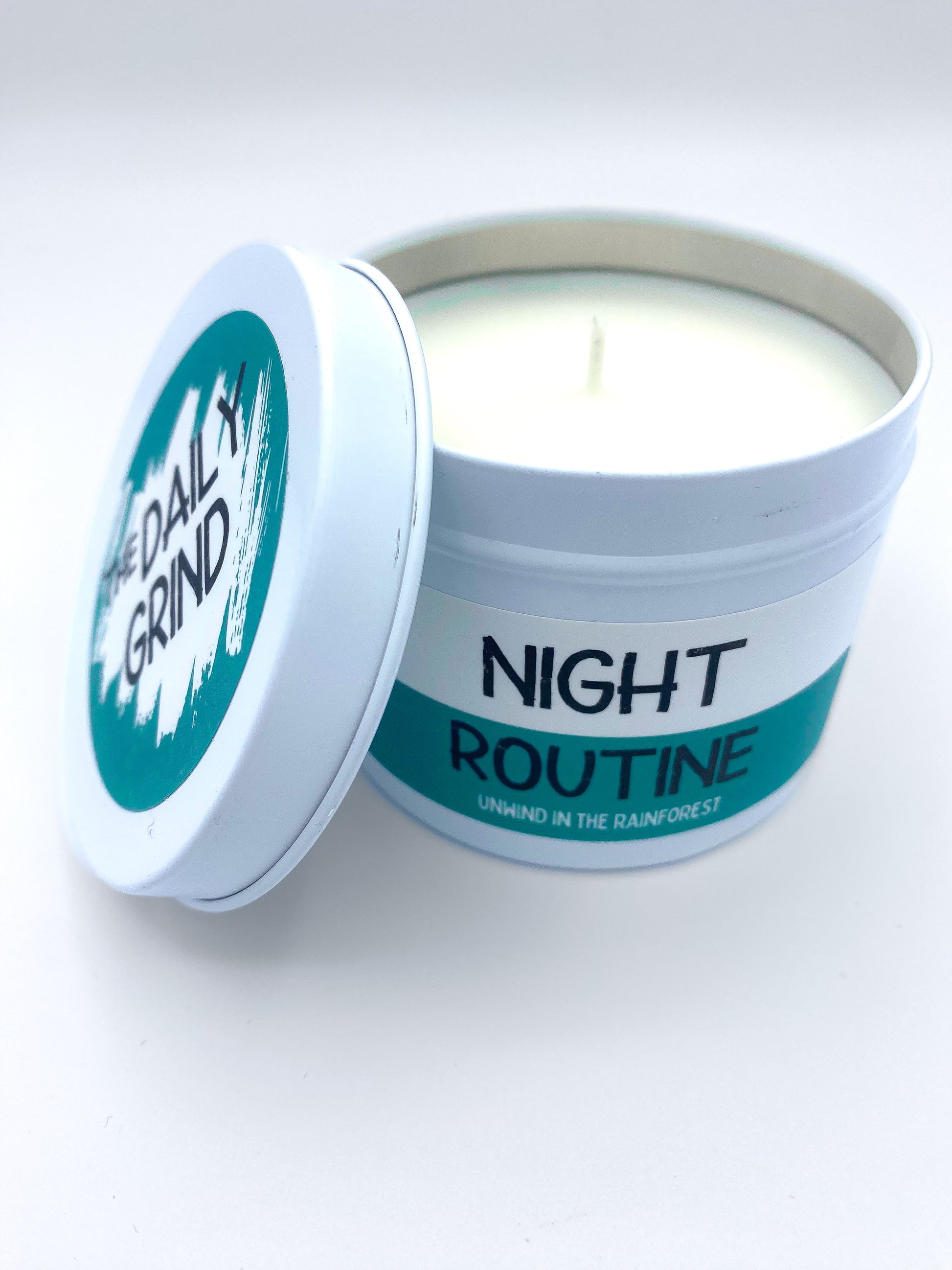 Unlit "Night Routine" candle in white tin