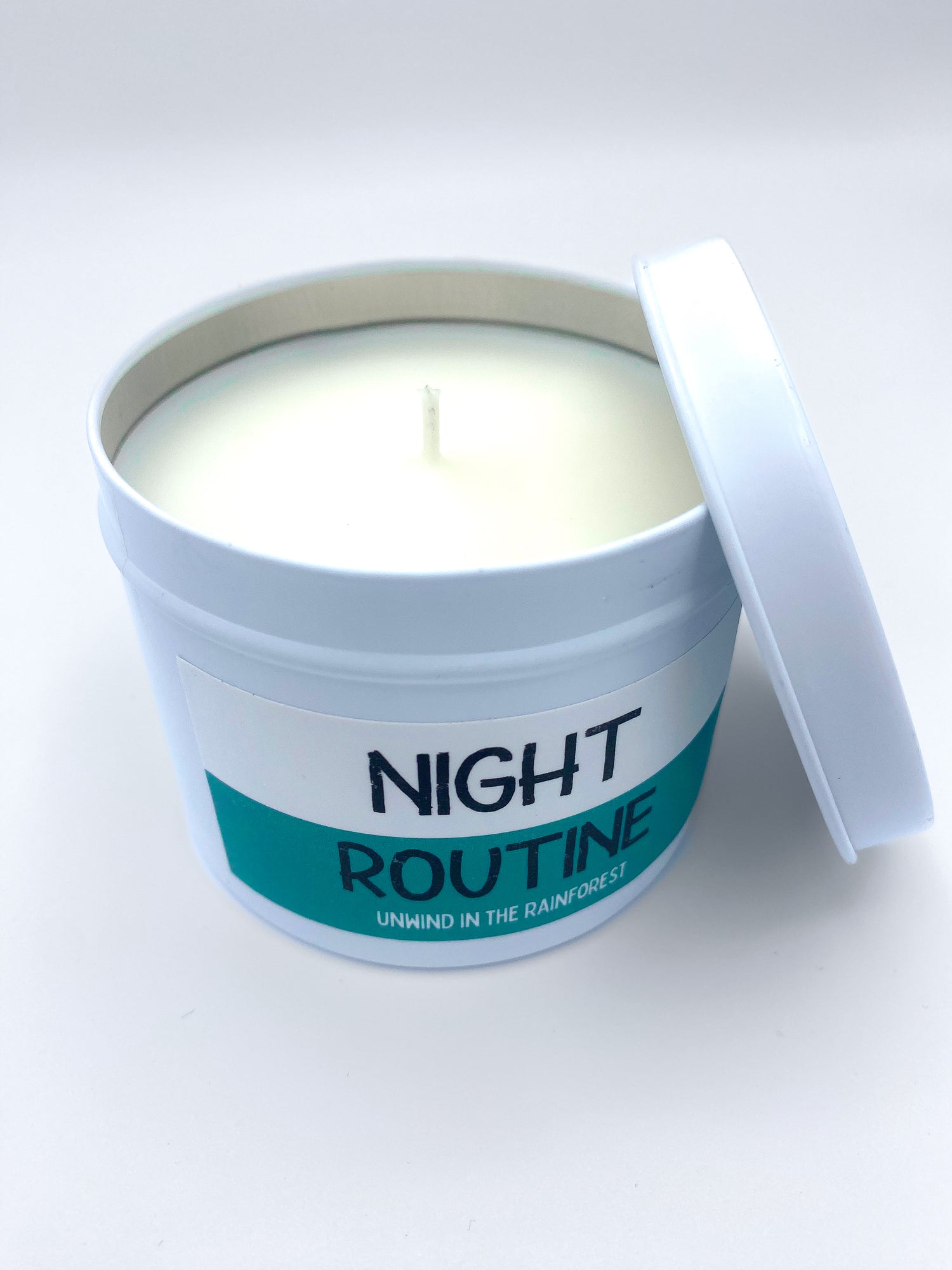 Unlit &quot;Night Routine&quot; candle in white tin