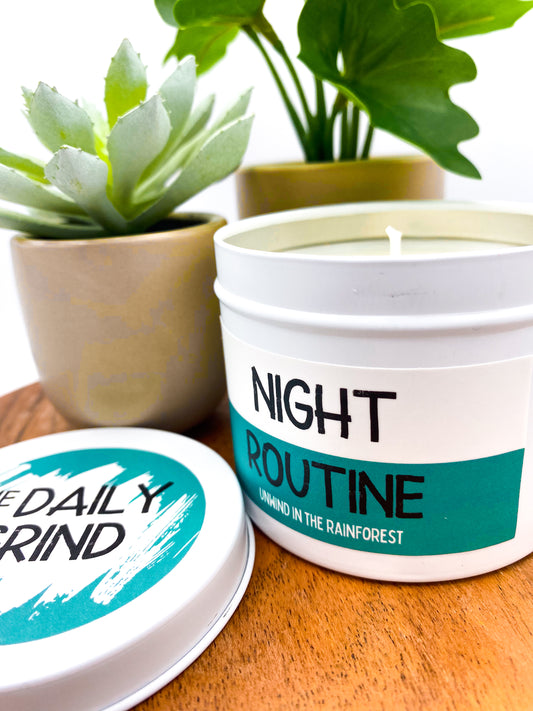 Unlit "Night Routine" candle in white tin