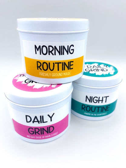 Set of three &quot;routine&quot; candles in white tins