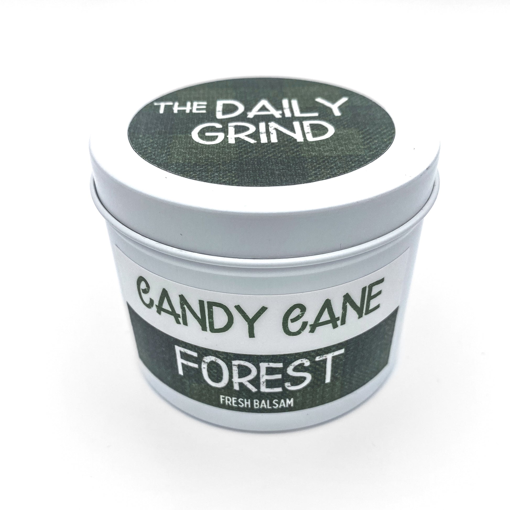 "Candy Cane Forest" holiday candle in decorative white tin