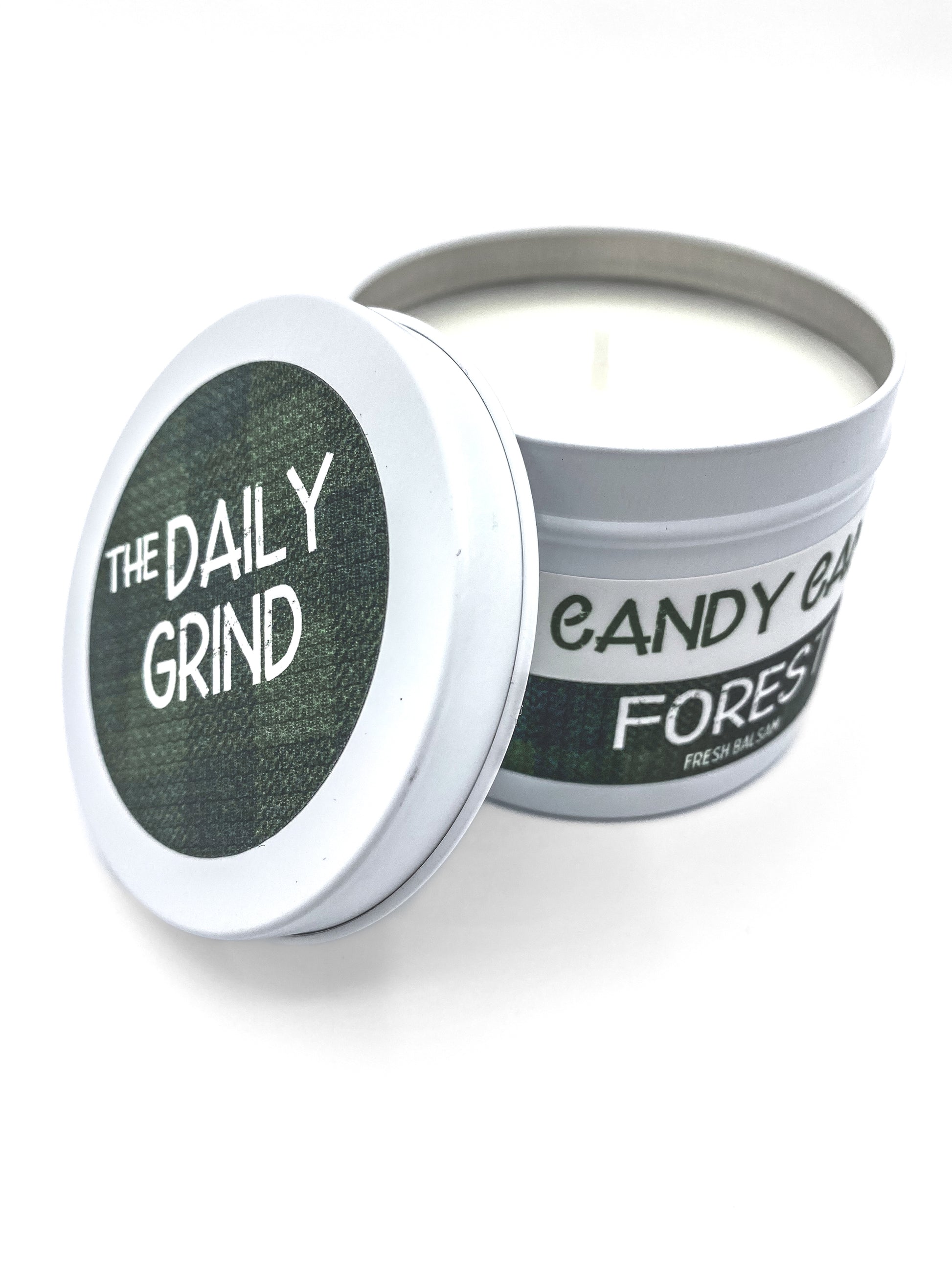 Unlit "Candy Cane Forest" candle in white tin