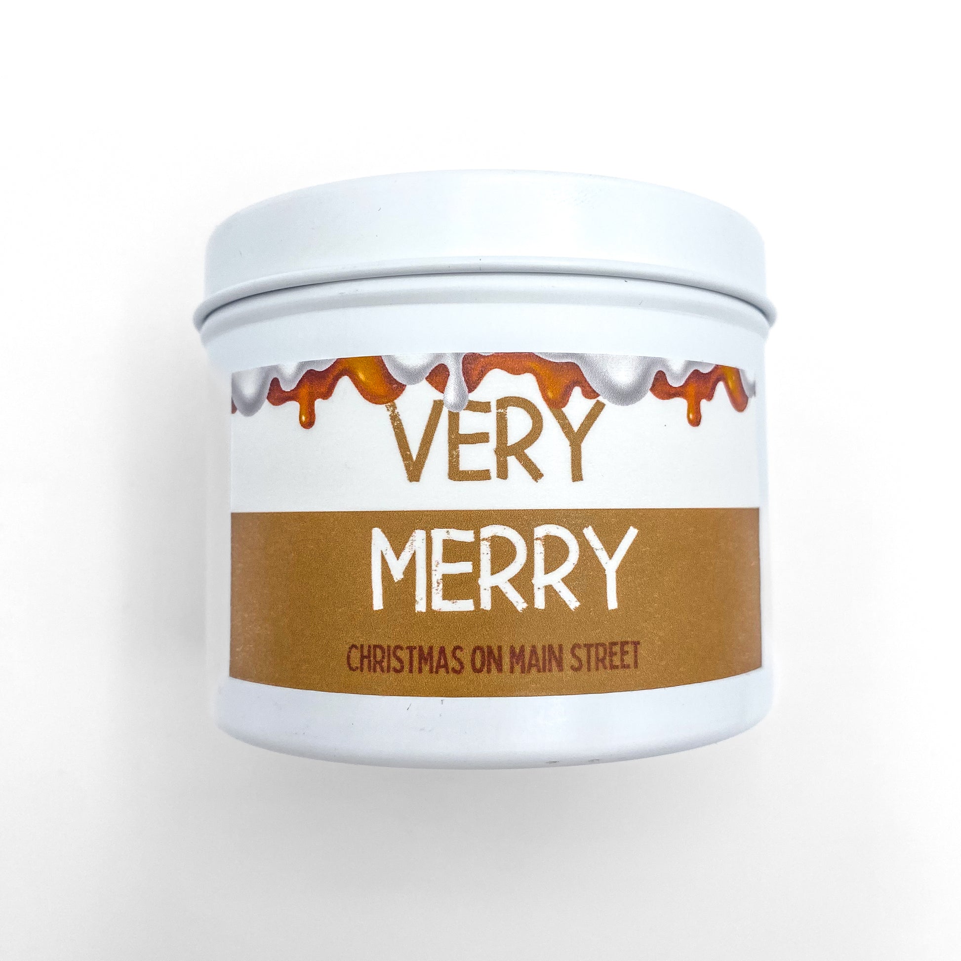 "Very Merry" holiday candle in white tin