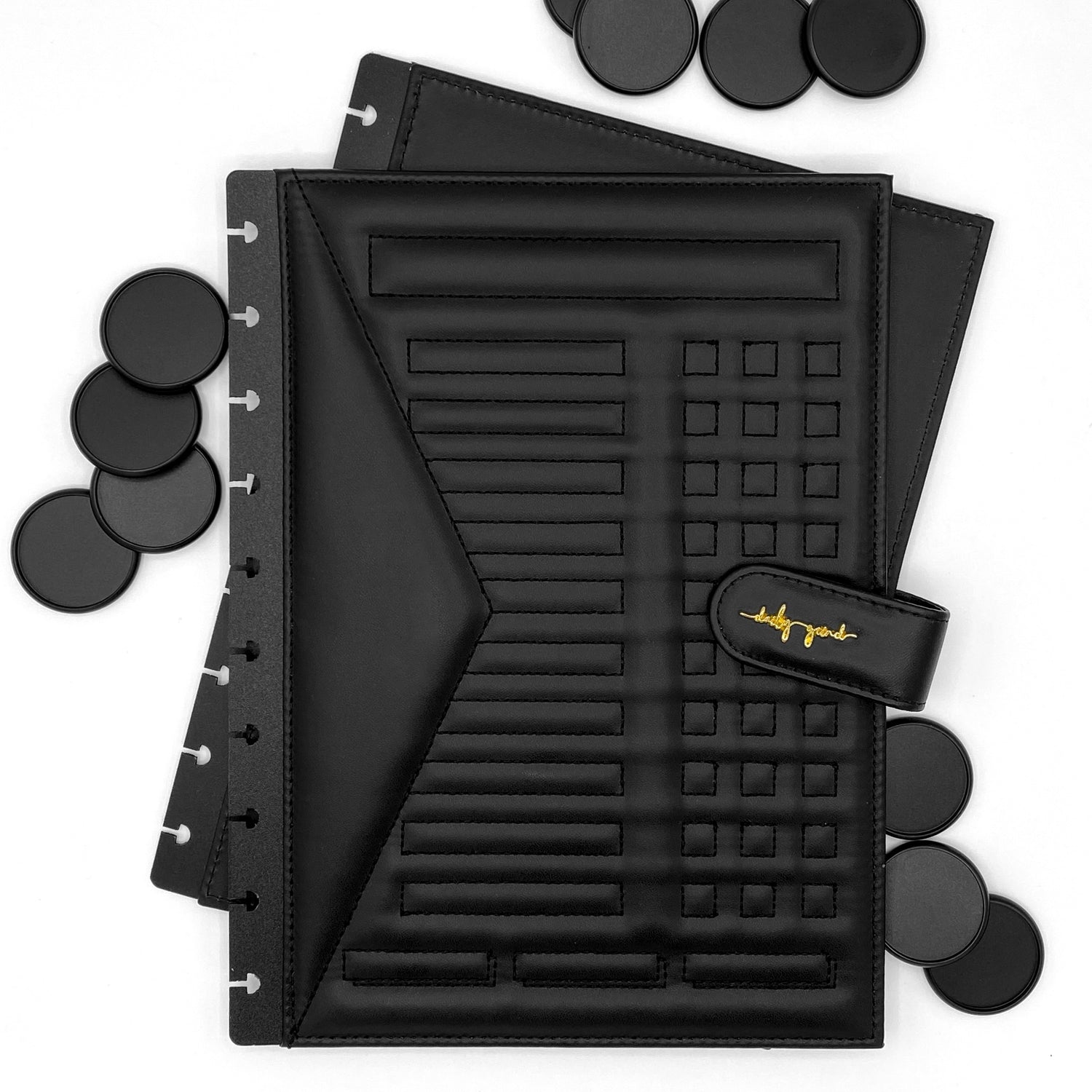 Black faux leather planner covers and black discs