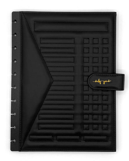 Front cover of black faux leather planner