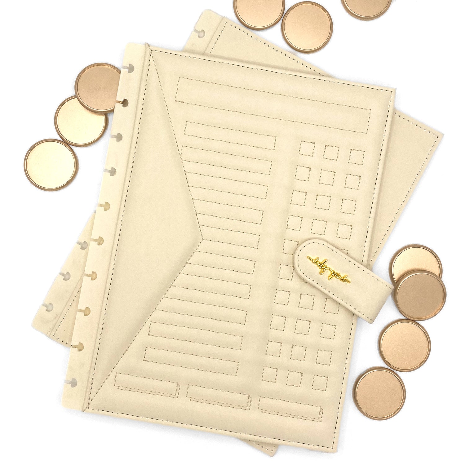 Cream faux leather planner cover and gold discs