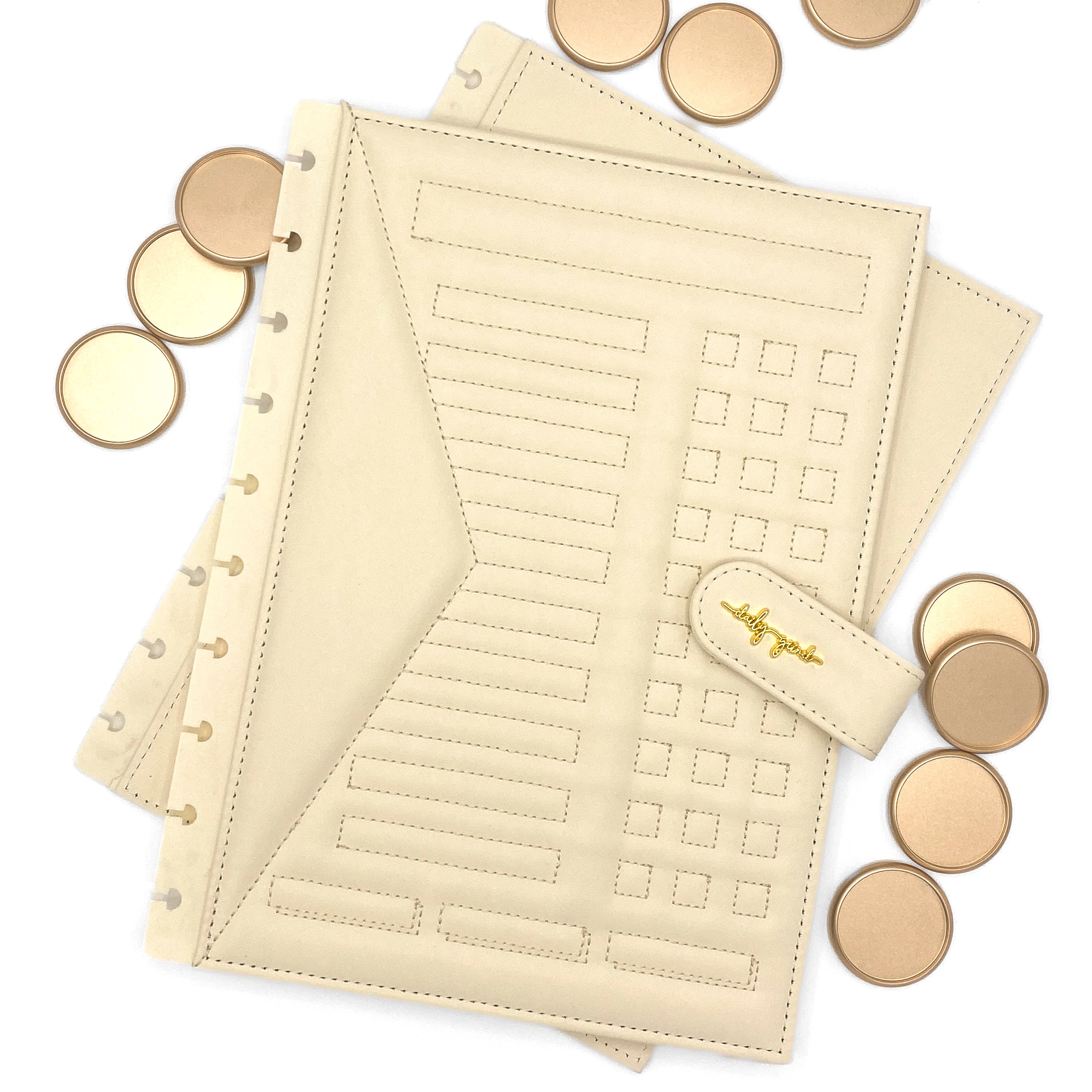 Cream faux leather planner covers and gold discs