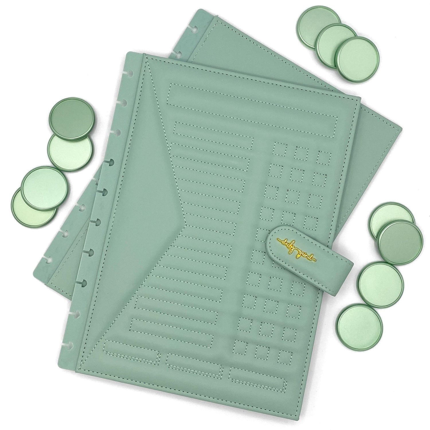 Green faux leather planner covers and discs