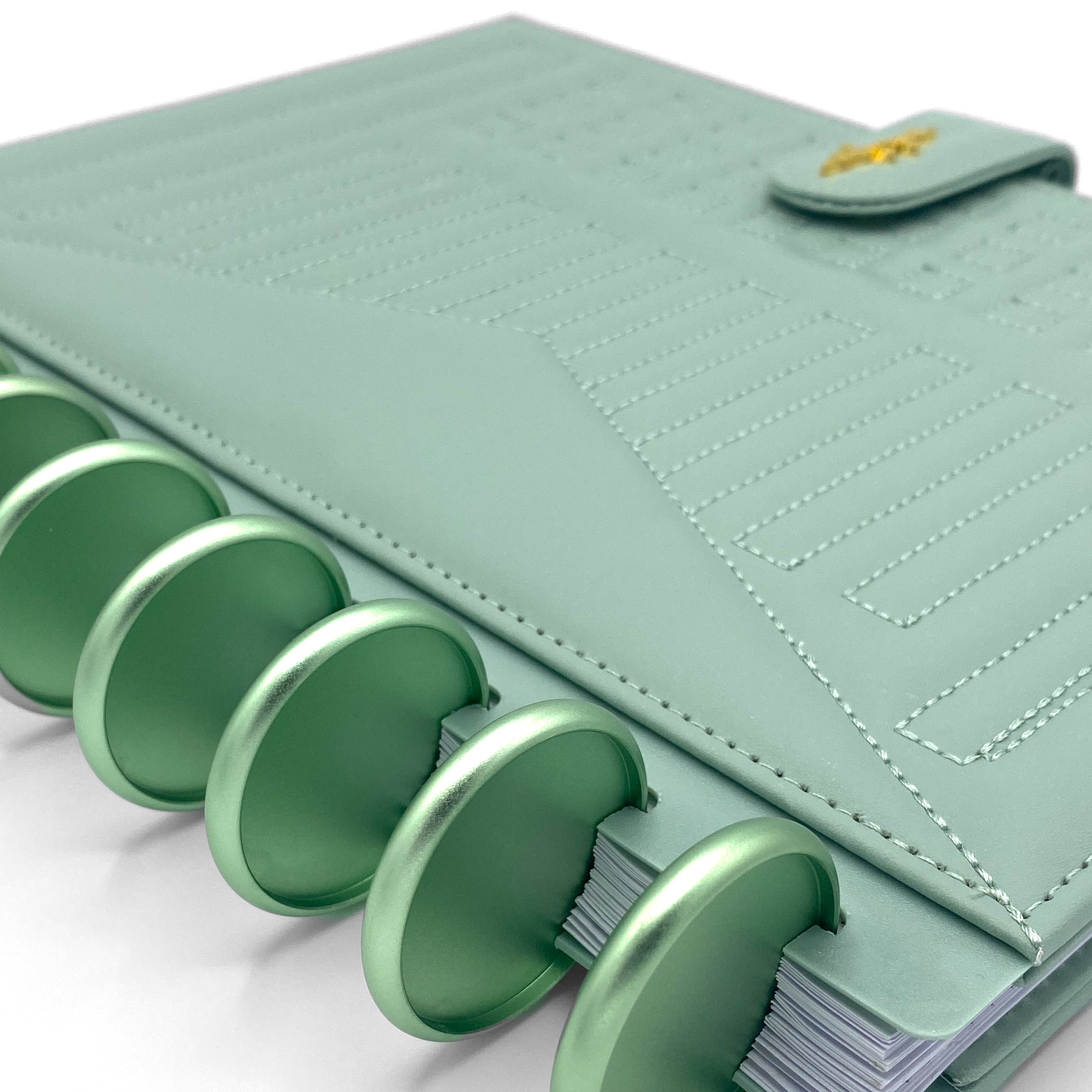 Side view of green faux leather planner with green discs