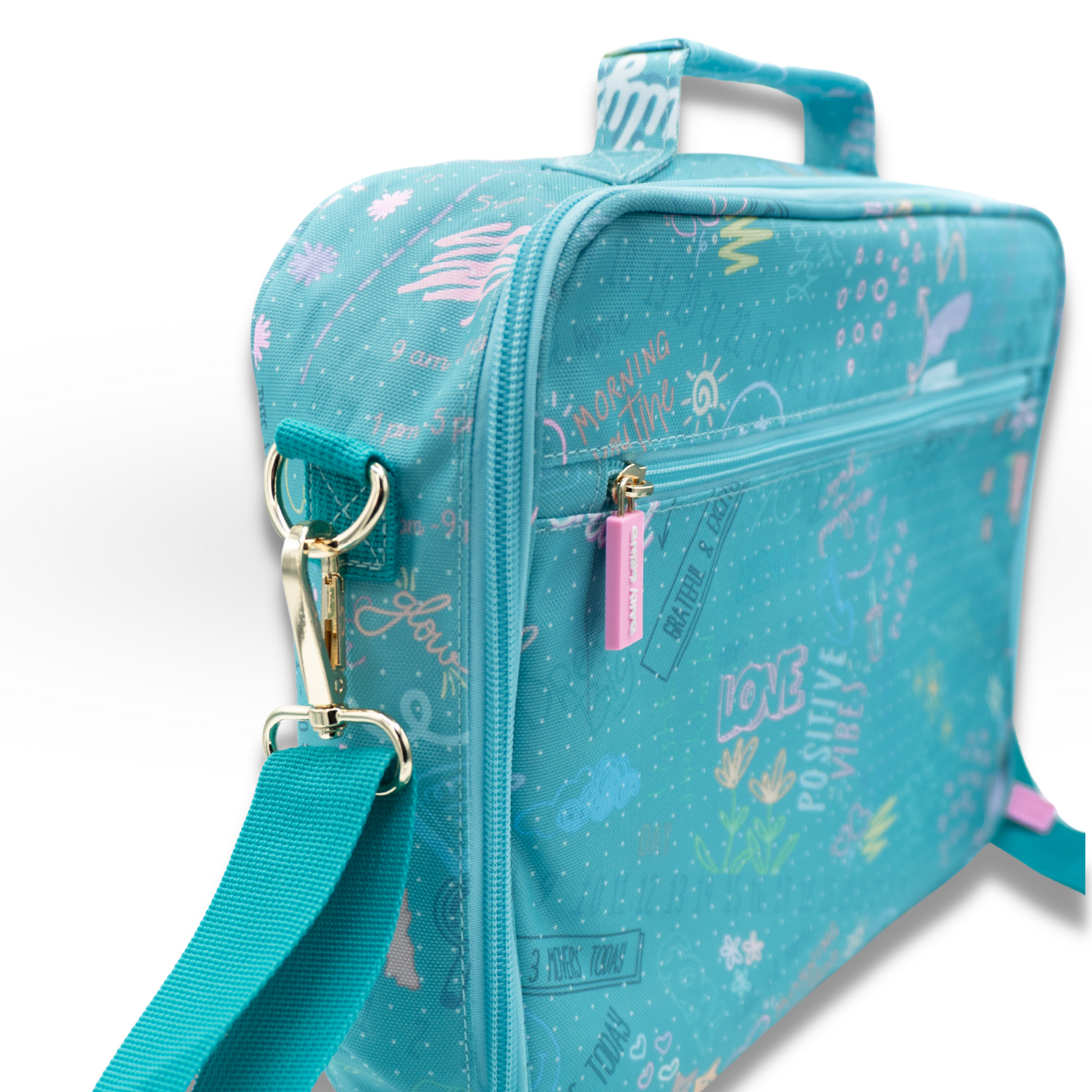 Side view of teal travel planner case