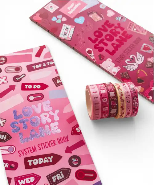 Pink sticker book with 'Love Story Lane' text and decorative stickers on a white background