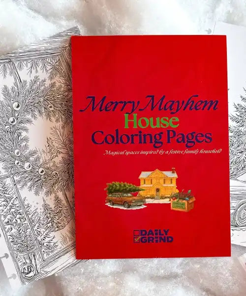 Red coloring book titled 'Merry Mayhem House Coloring Pages' by Daily Grind on a textured white background.