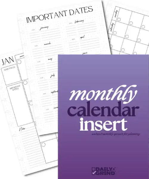 Purple monthly calendar insert with 'Daily Grind' branding on a white background