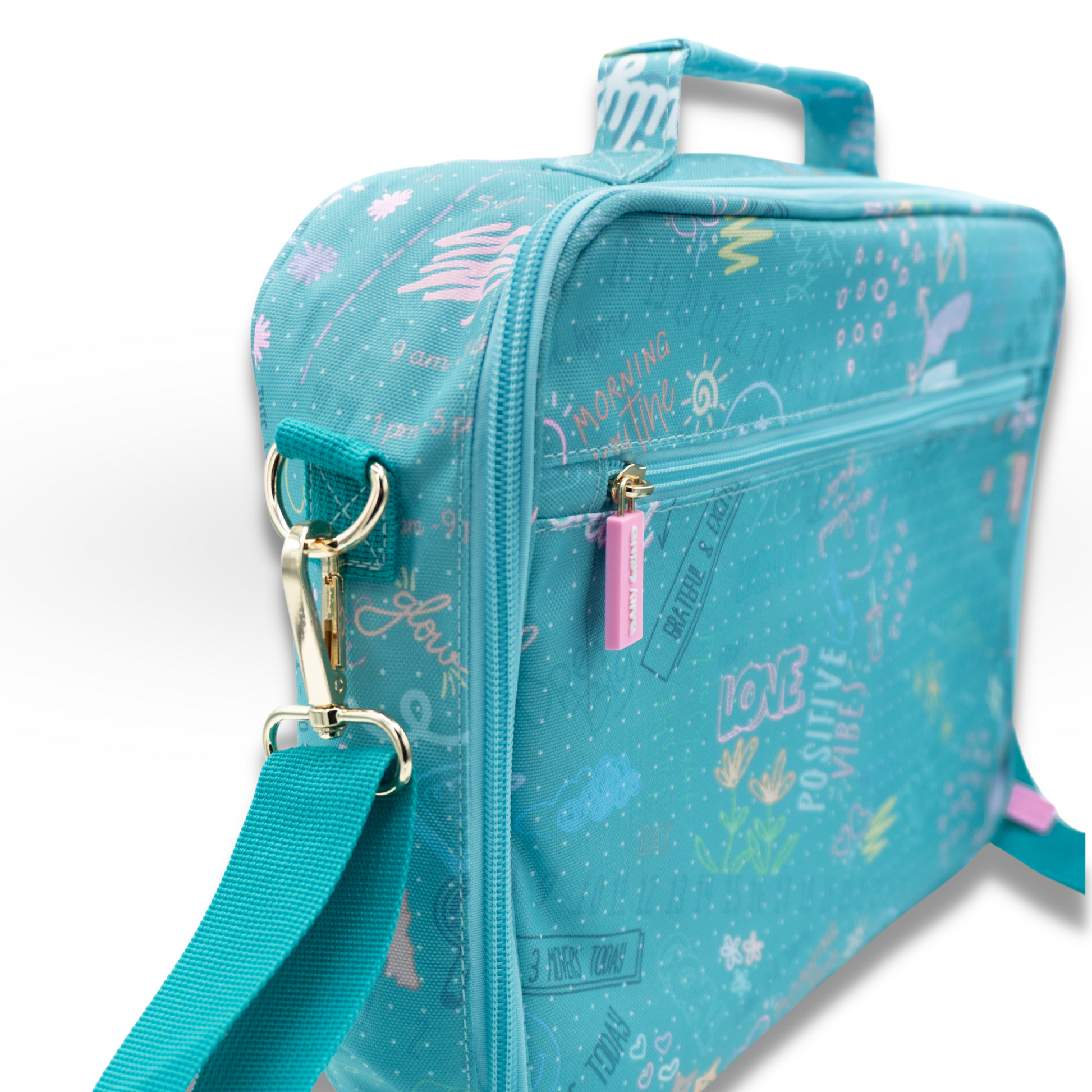 Teal travel planner case with shoulder strap